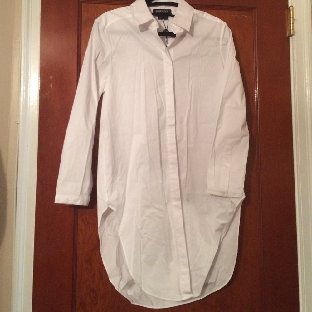 New white long button down top